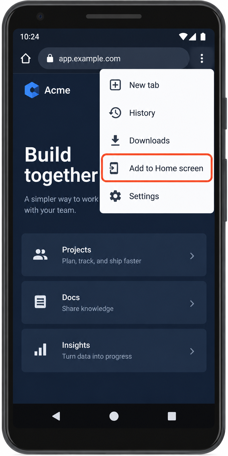 Android Chrome menu with Add to Home screen highlighted