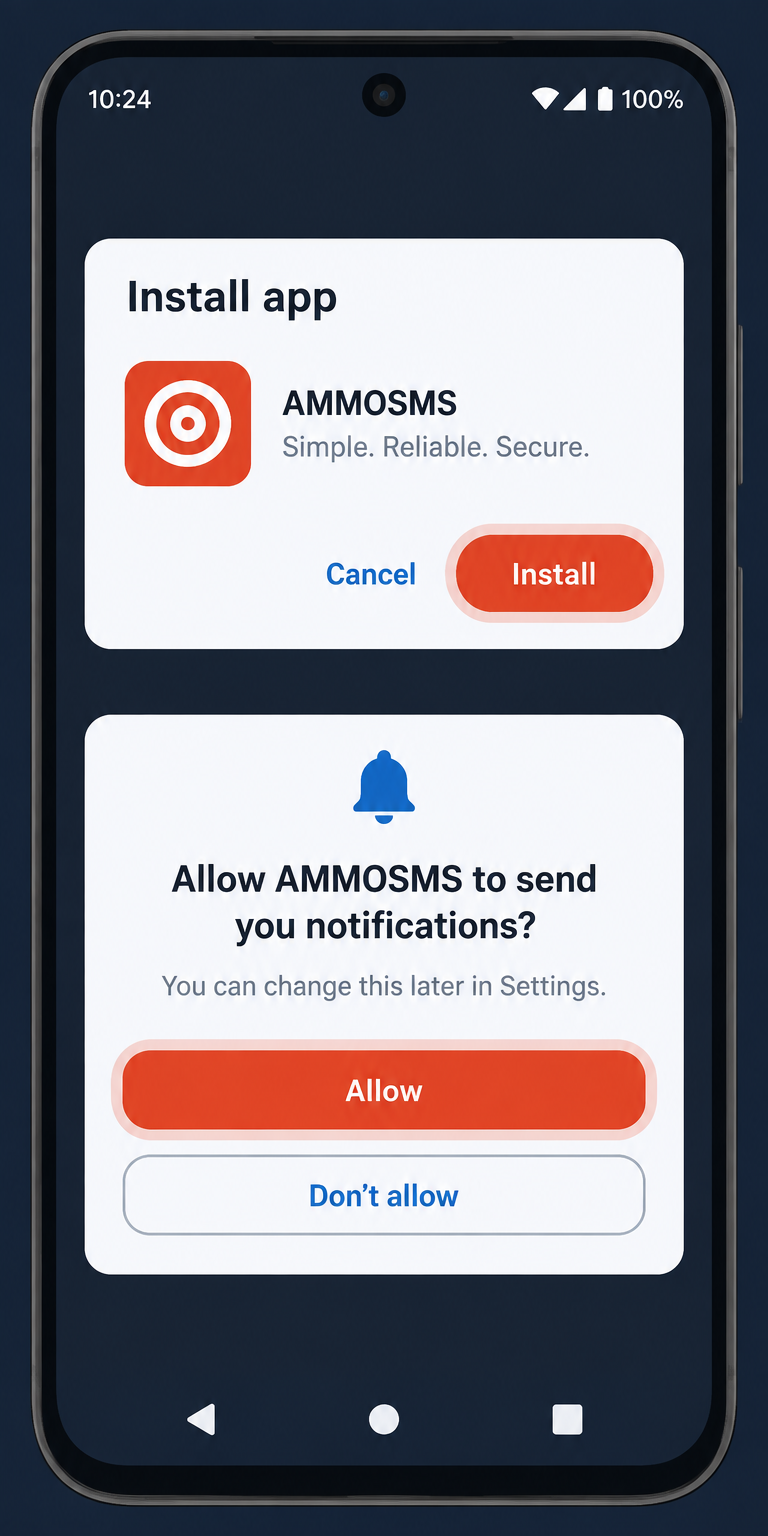Android install app dialog and notification permission prompt for AMMOSMS