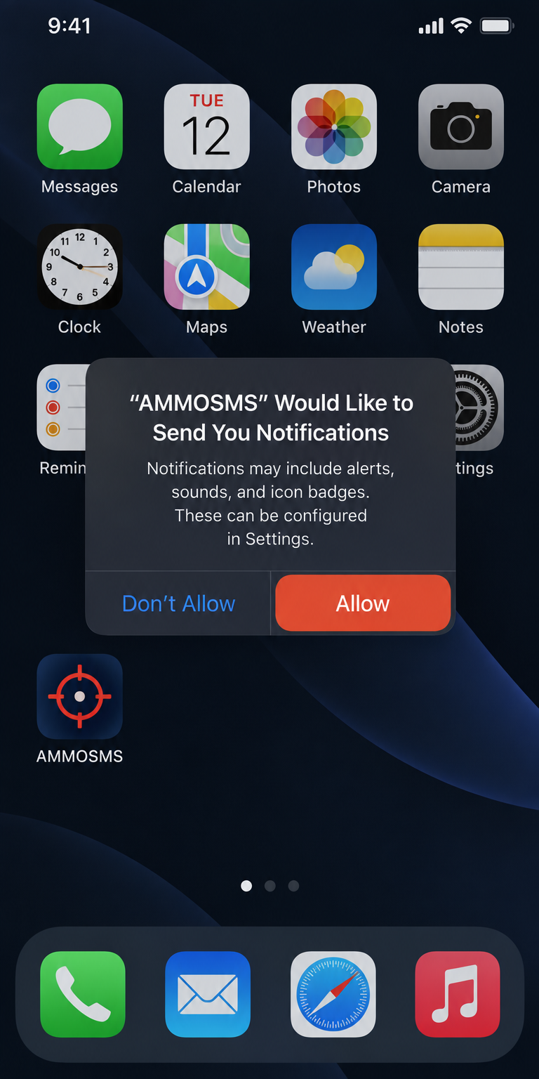 iPhone home screen with the AMMOSMS icon and the notifications Allow dialog