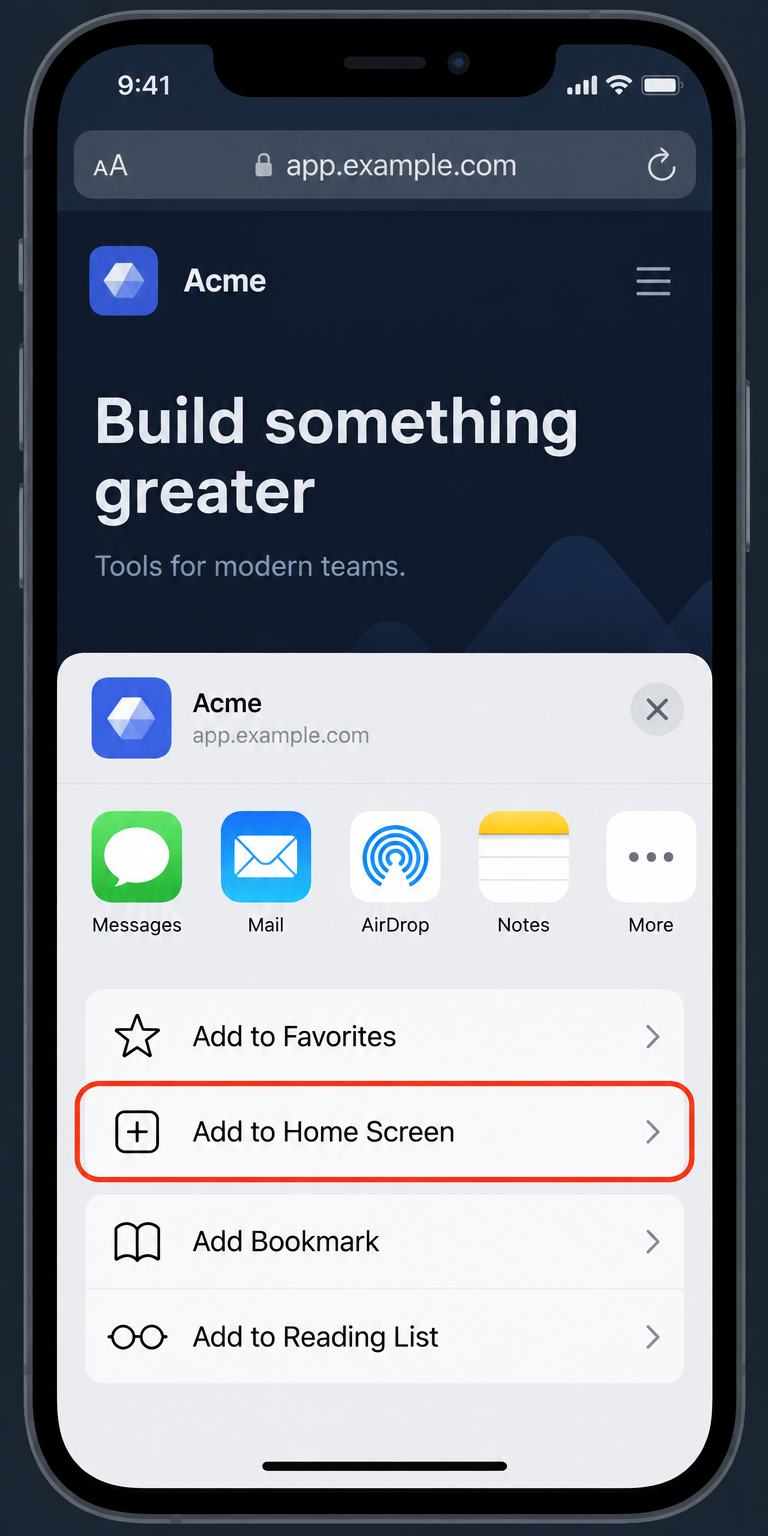 iPhone Safari share sheet with Add to Home Screen highlighted